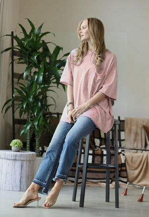 Cotton Oversized Front
Pocket Raw Edge Boyfriend Tee