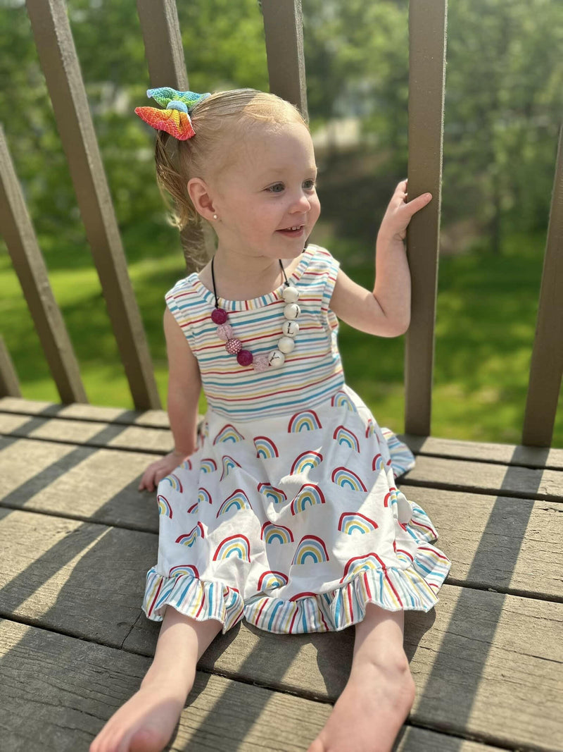 Load image into Gallery viewer, Rainbow Stripe Ruffle Twirl Dress
