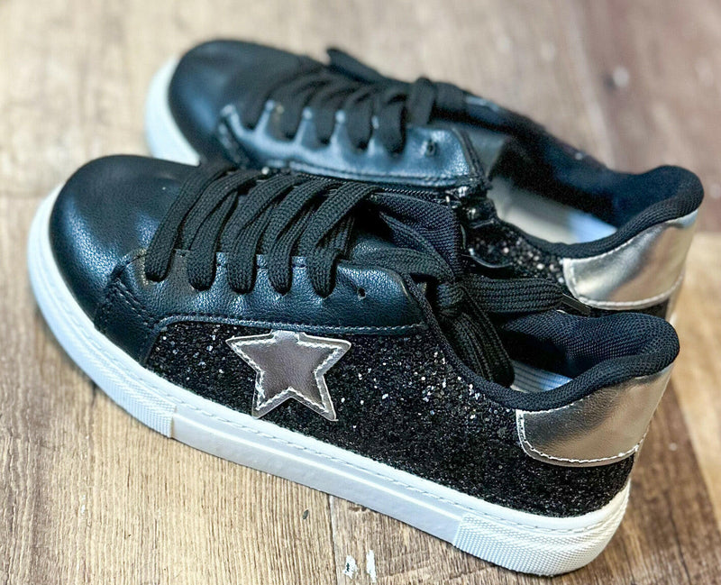 Load image into Gallery viewer, Black Star Glitter Sneakers
