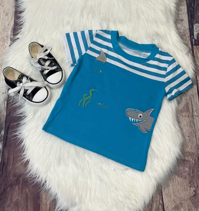 Blue Stripe Embroidered Shark Short Sleeve Tee