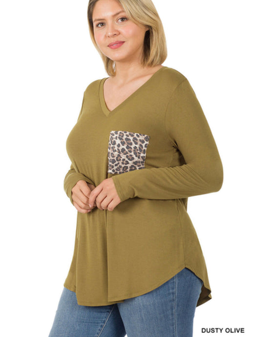 LUXE RAYON LONG SLV V-NECK LEOPARD POCKET TOP