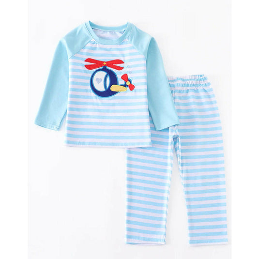 Blue stripe plane appliqué boy set