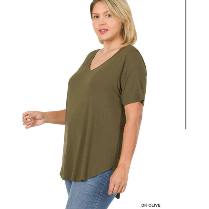 SHORT SLEEVE V-NECK HI-LOW HEM TOP